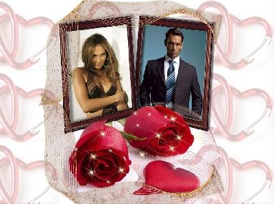 Рамка с сердечком и розами для 2-х фото, вставить своё фото онлайн
