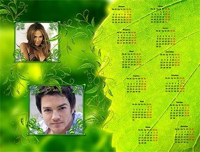 Яркий календарь с зеленым листом, вставить фото онлайн