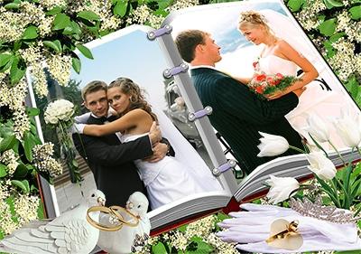 Свадебная рамка на развернутой книге, вставить фото онлайн