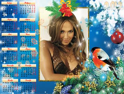Календарь на 2012 год cо снегирем, вставить фото онлайн