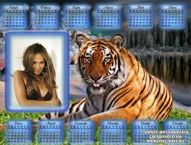 Красивый календарь 2500х1900 на 2010 год с тигром сделать онлайн