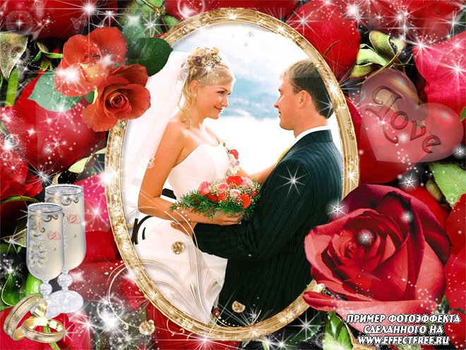 Свадебная рамочка с красными розами, сделать рамку онлайн