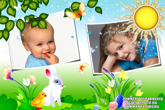 Детская рамка с кроликами на два фото, сделать онлайн