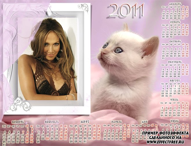 Розовый календарь 2500х1900 с котенком на 2011 год, сделать онлайн