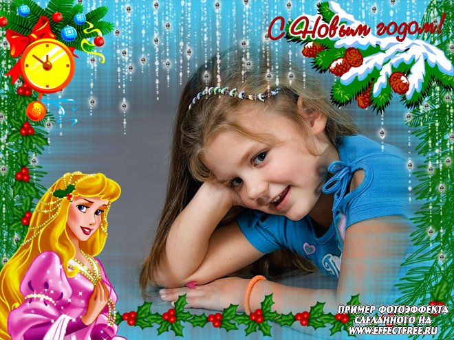 Новогодняя рамка для девочек с принцессой, вставить фото онлайн
