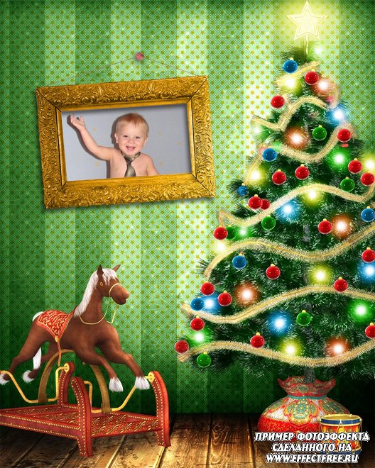 Фото в рамке с новогодней елкой, сделать эффект онлайн