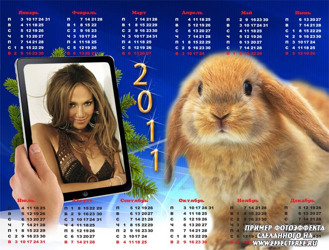 Красивый календарь на 2011 год с кроликом, сделать в онлайн редакторе