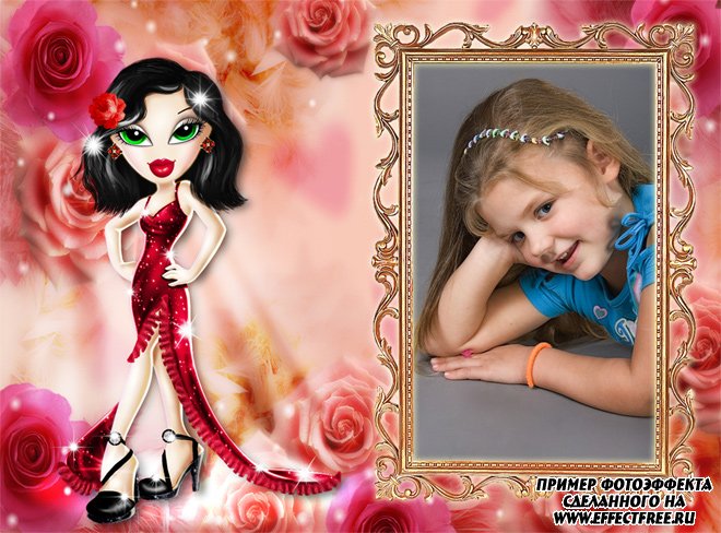 Детская рамочка для фото с куклой Братс в красном платье и розами, сделать в онлайн редакторе