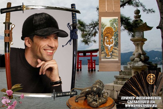 Оформление мужской рамочки для фото с самурайскими мечами, сделать в онлайн фотошопе