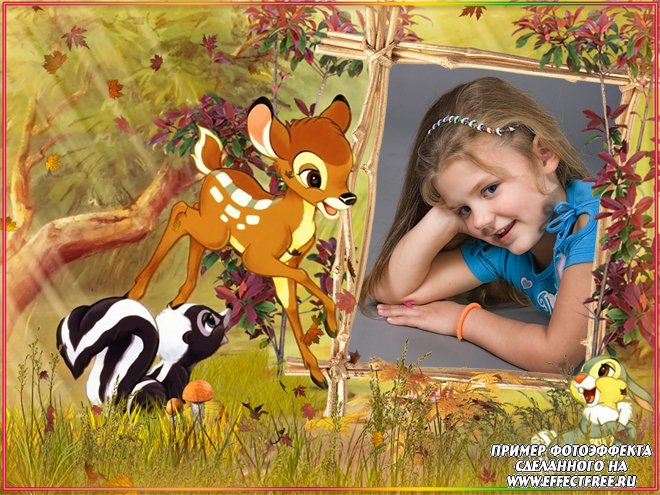 Детская рамочка для фото с Бемби в осеннем лесу, сделать онлайн фотошоп