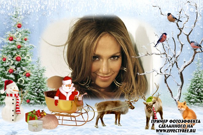 Новогодняя фоторамка с Дед Морозом, снеговиком и оленями, сделать онлайн фотошоп