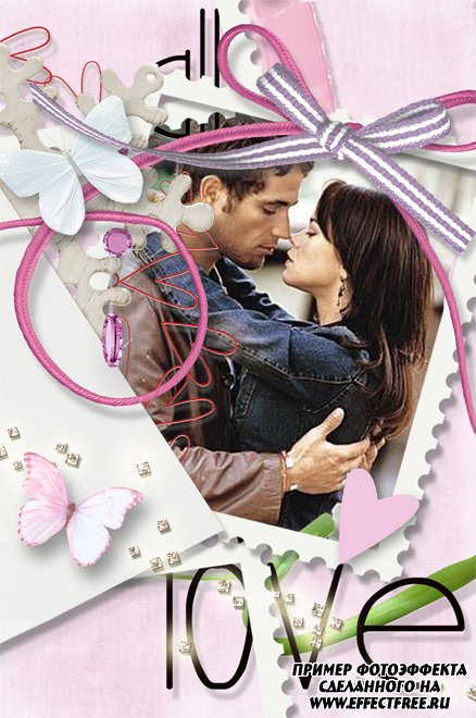 Рамка в розовых тонах с надписью Love и бабочками, сделать онлайн фотошоп