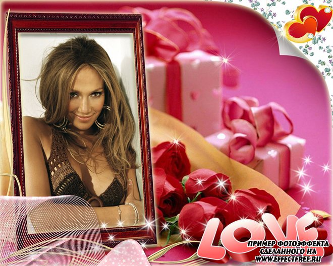 Фоторамка с надписью LOVE и подарками, сделать в онлайн фотошопе