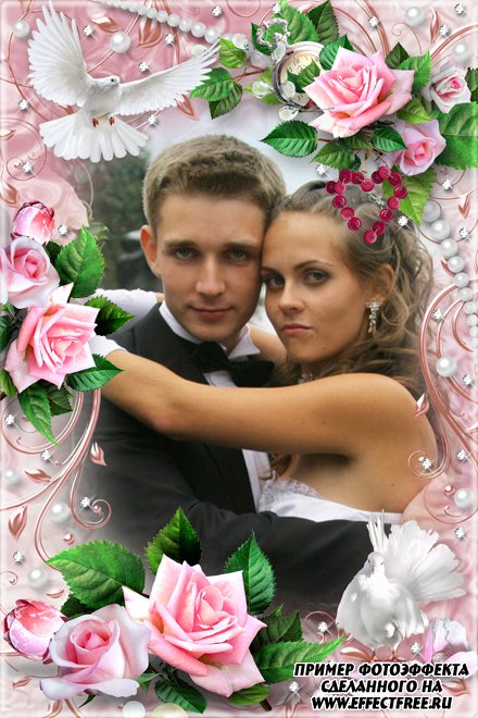 Красивая рамка для свадебных фото с розовыми розами, сделать онлайн