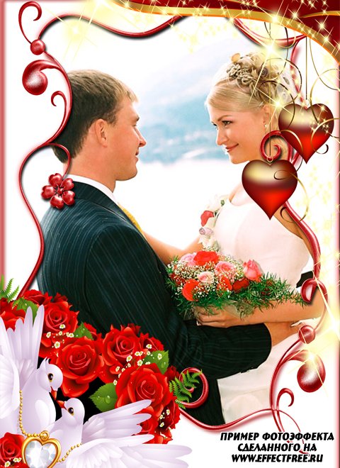 Нарядная свадебная рамка с голубем и красными сердечками, вставить фото онлайн
